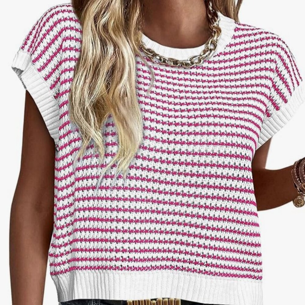 Short Sleeve Sweater Spring Summer Round Neck Striped Pullover Cap Sleeve - Med